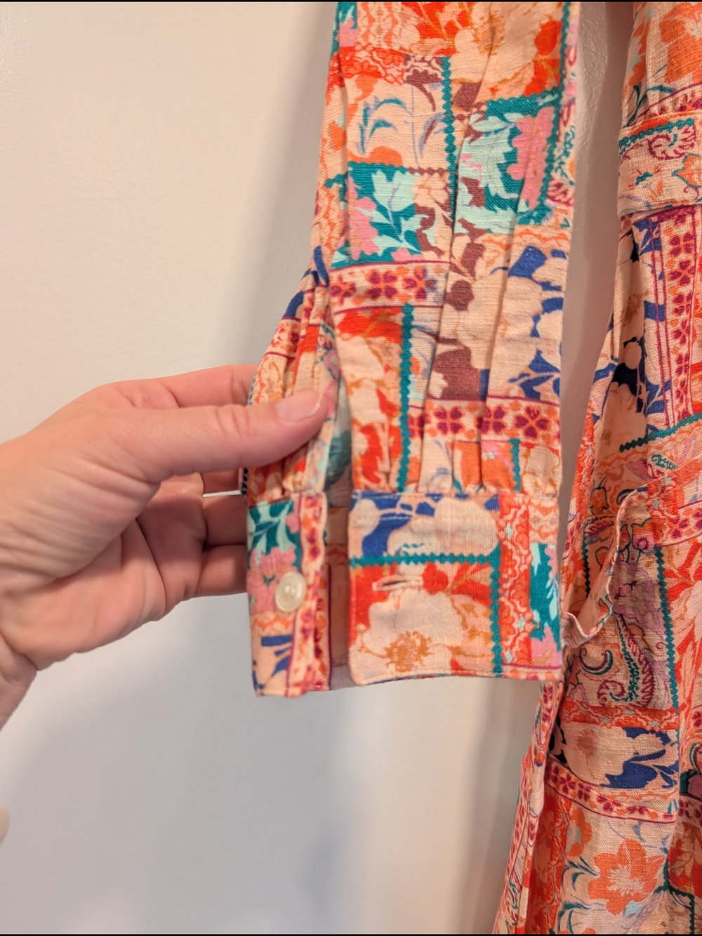 VENUS Women's Coral Floral Patchwork Collared Shirt Dress Linen blend Size 4 - Picture 4 of 11